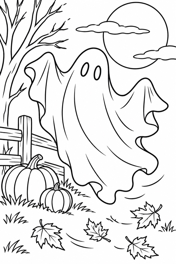 Smiling ghost floating above a vintage Halloween scene