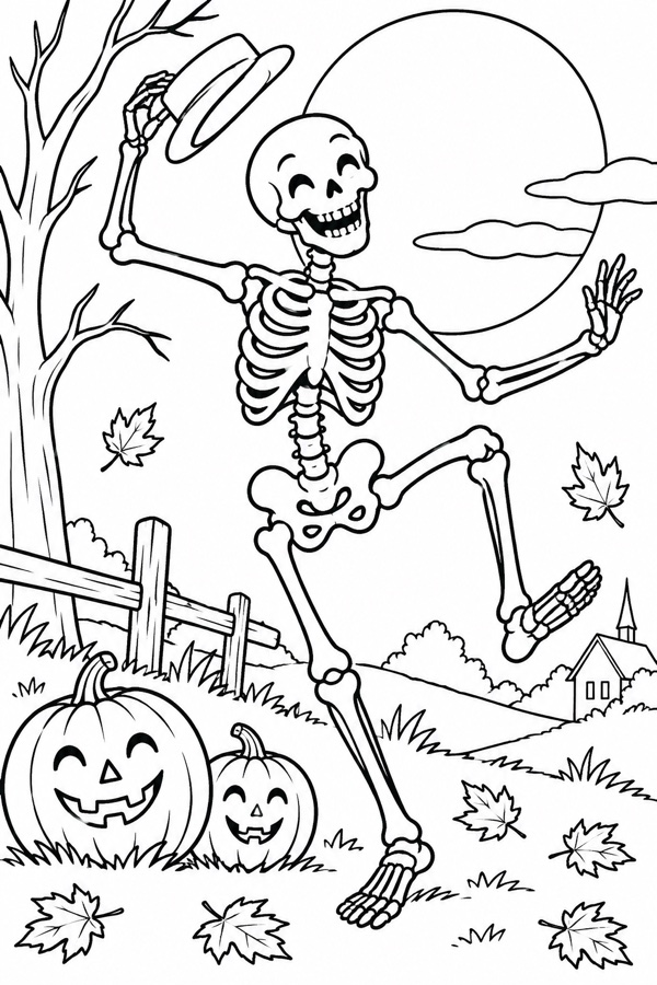 Cheerful skeleton dancing in a vintage illustration