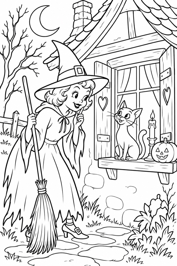 Young witch outside a cottage with a cat and broom